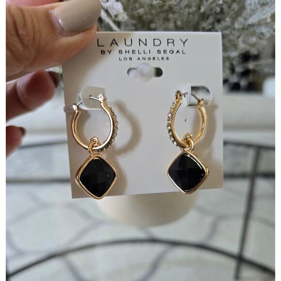 Laundry By Shelli Segal Gold Black Rhineatone Earrings New - Picture 5 of 5